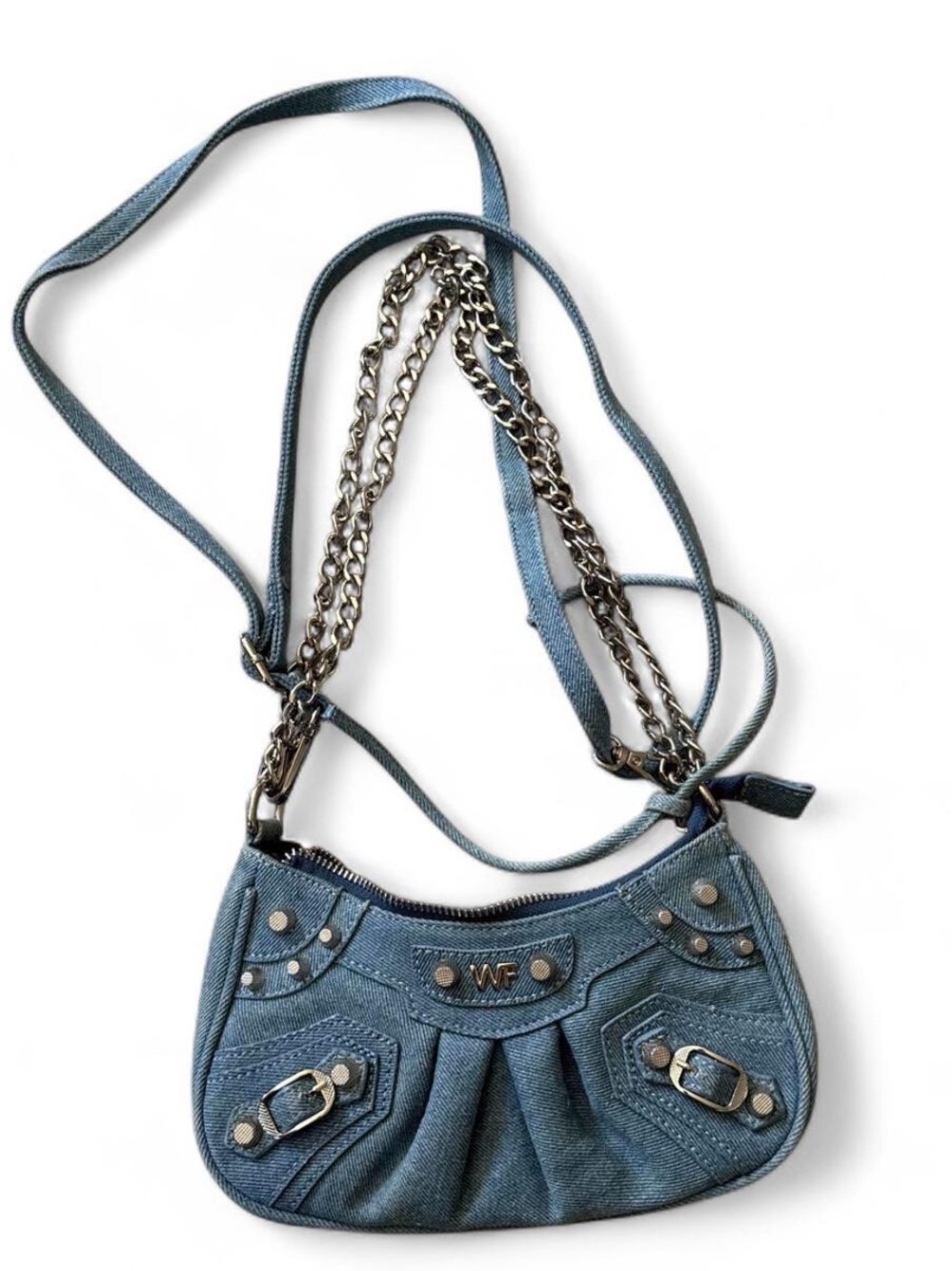 Whitefox Blue Denim Crossbody Bag with Chain Strap